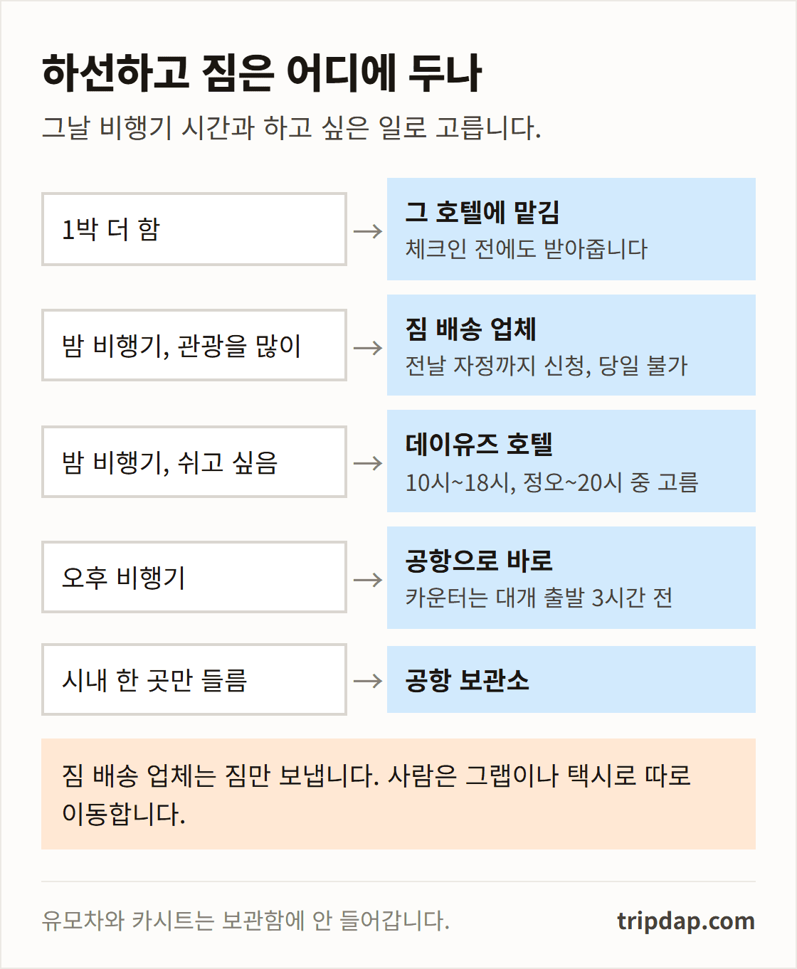 하선 후 일정에 따라 호텔, 짐 배송, 데이유즈, 공항 직행, 공항 보관소 중 무엇을 고를지 보여주는 도표